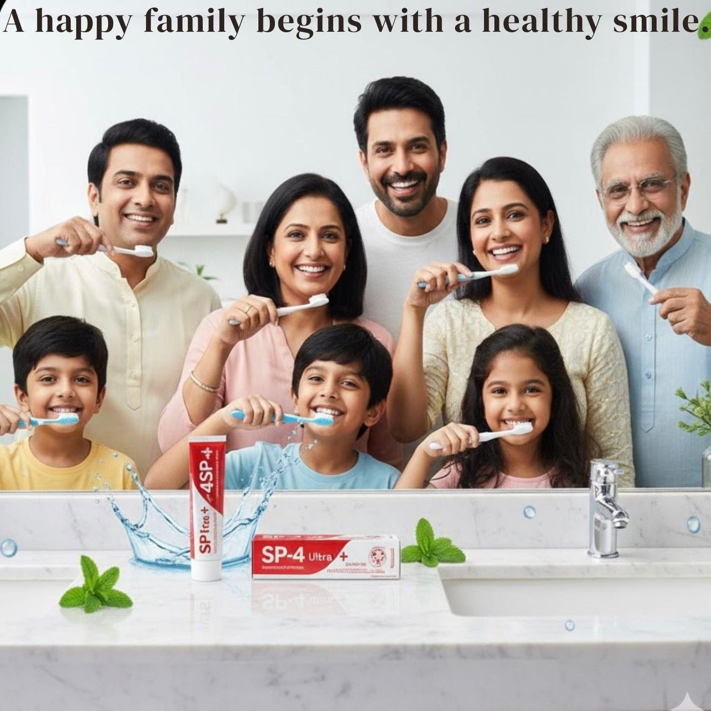 Family brushing their teeth together with SP-4 toothpaste in a bathroom setting.