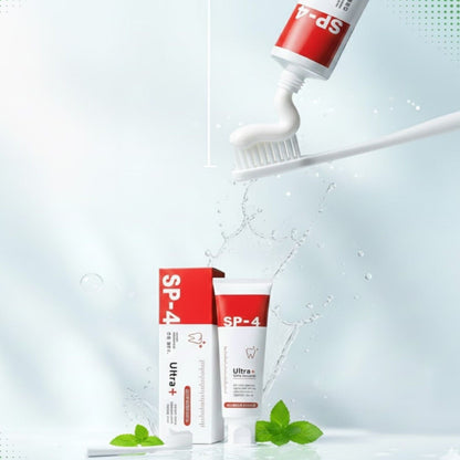 SP-4 toothpaste with packaging and a toothbrush on a light blue background