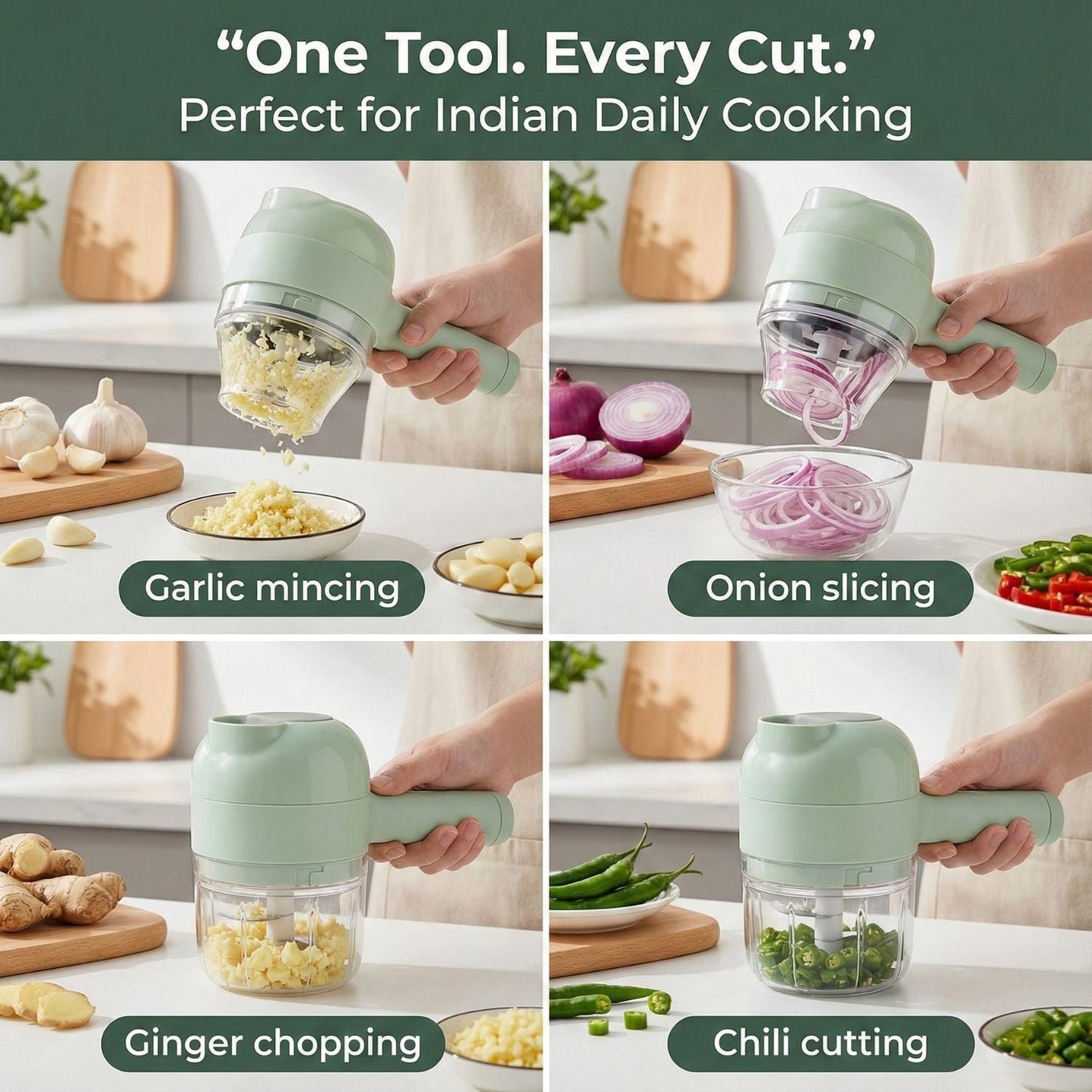 4-in-1 Portable Electric Vegetable Cutter Set Smart Cooking, Zero Mess, Auto-Clean