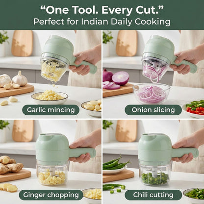 4-in-1 Portable Electric Vegetable Cutter Set Smart Cooking, Zero Mess, Auto-Clean