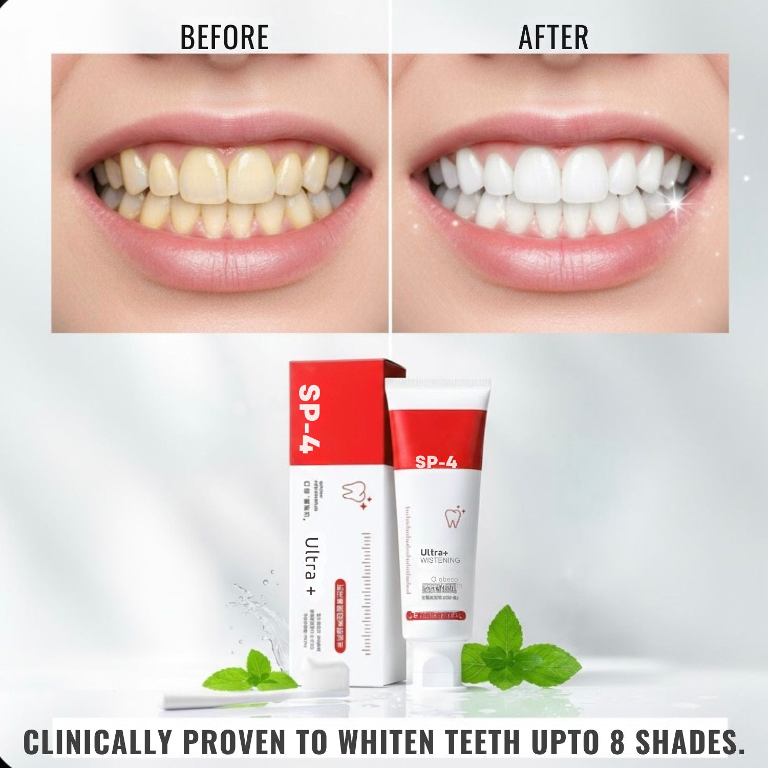 Before and after comparison of teeth whitening with SP-4 toothpaste and packaging.