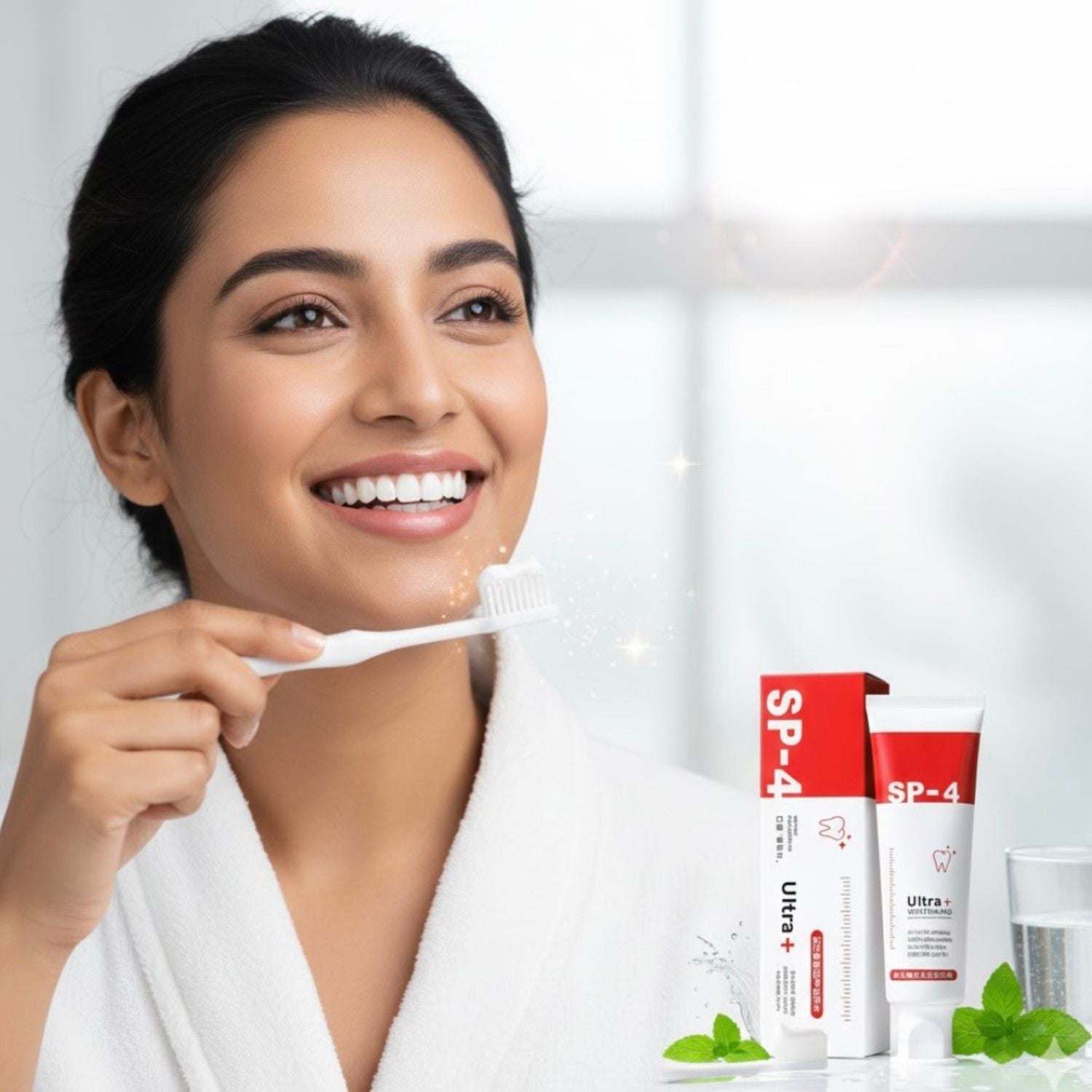Woman applying cream to her face with skincare products in the background